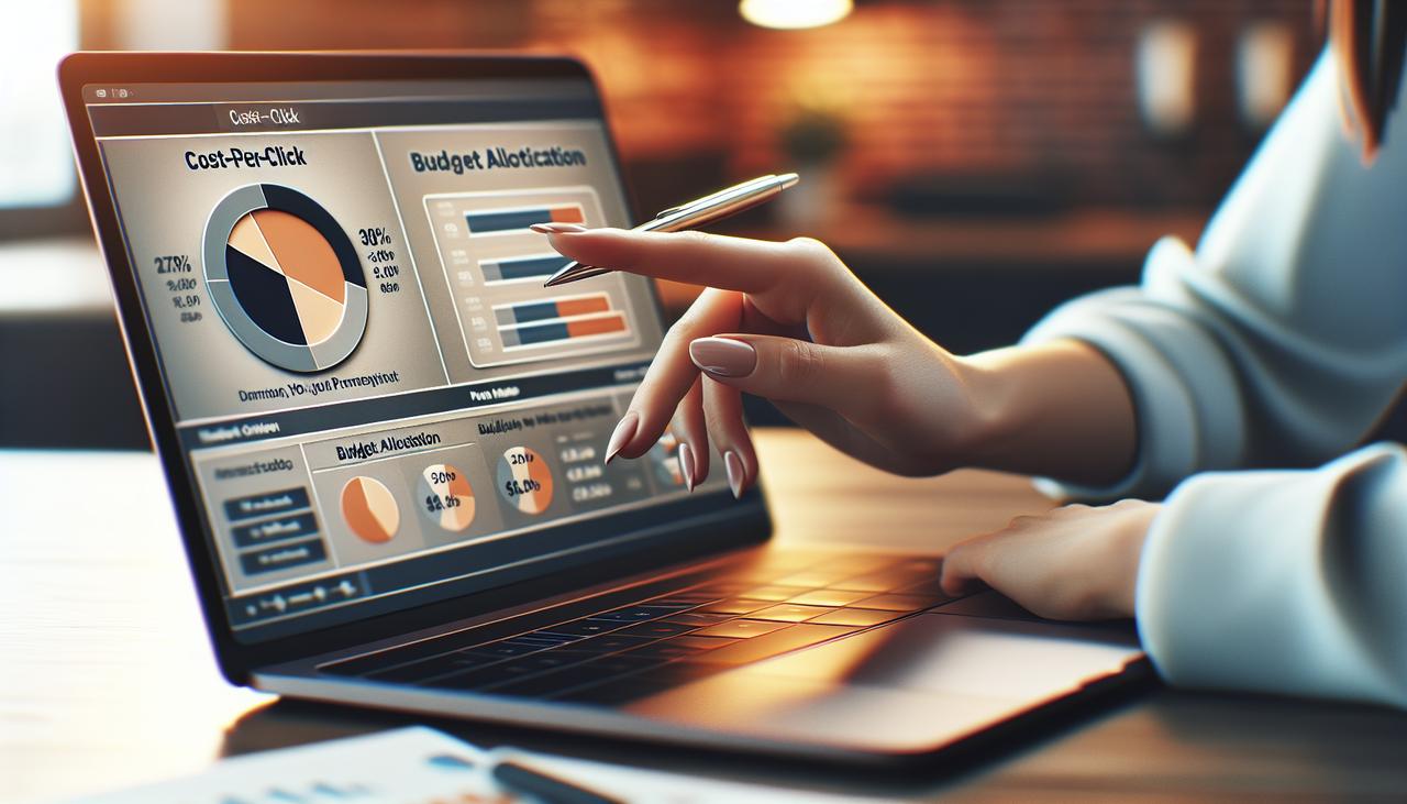 מסך מחשב נייד המציג נתוני עלות לקליק ותקציב בגוגל אדס